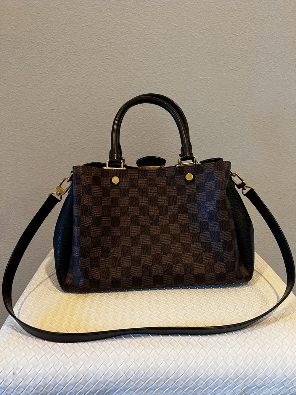 Louis Vuitton Brown Checkered Satchel with Black Trim and Gold Hardware - Picture 2 of 3